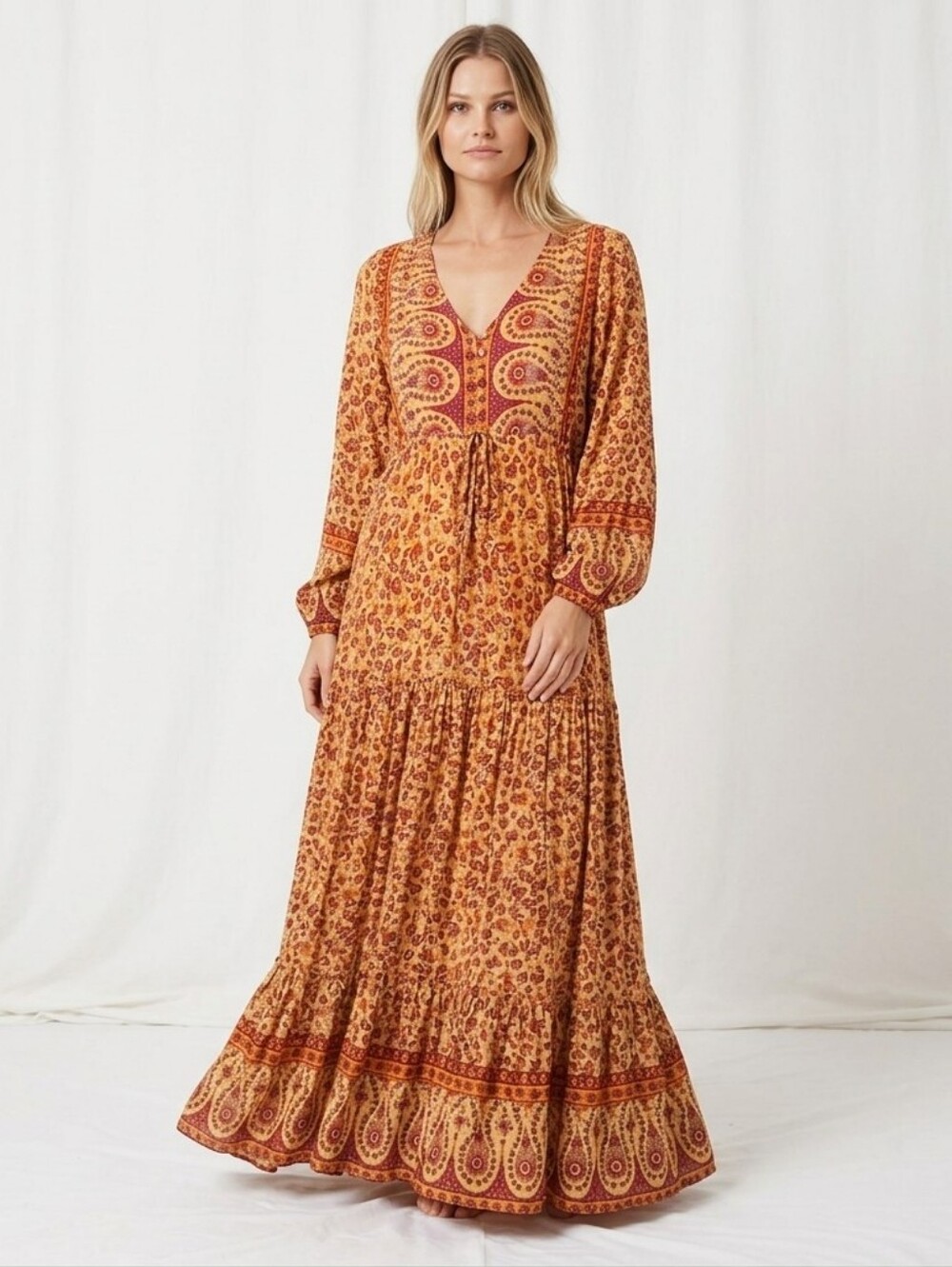 Aura Tiered Maxi Dress in Mustard and Rust Paisley